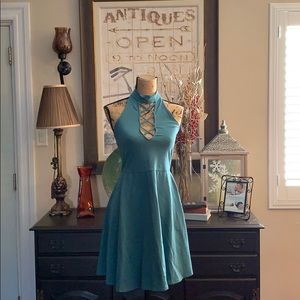 Lace Up Mock Neck Fit and Flare Dress by Express